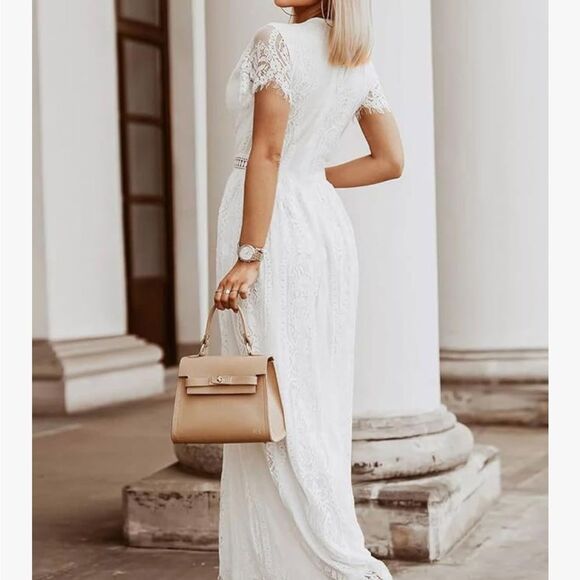 White Maxi Gown with Flutter Sleeves and Crew Neck - Picture 1 of 14
